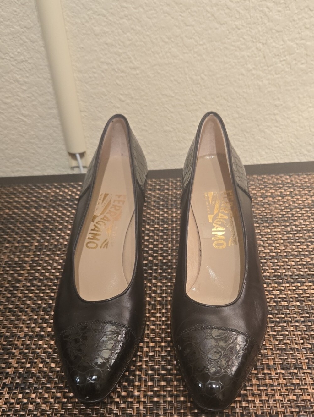 Salvatore Ferragamo Black Leather Croc-Embossed Cap-Toe Pumps